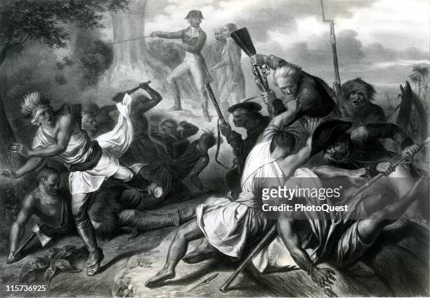 Illustration showing George Washington in the midst of fighting during the French and Indian War, a conflict between the British and the French,...