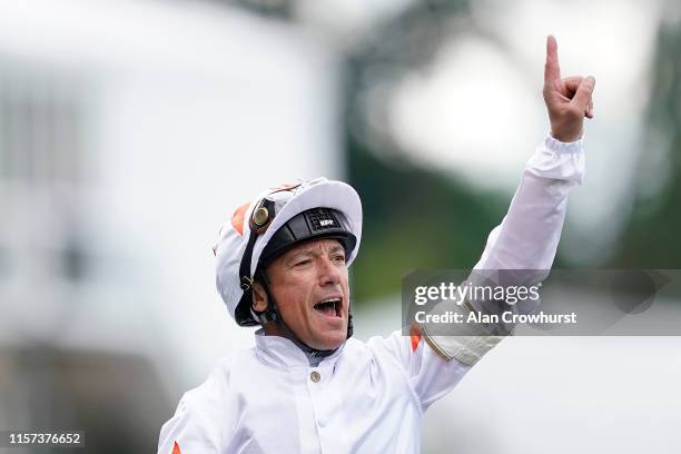 Frankie Dettori celebrates after riding Advertise to win The Commonwealth Cup on day four of Royal Ascot at Ascot Racecourse on June 21, 2019 in...