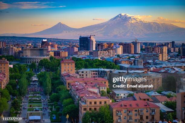 mount ararat view from  the cascade complex, yerevan, armenia - armenia stockfoto's en -beelden