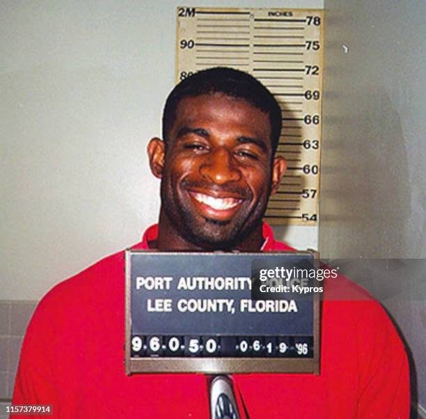 In this handout, American football player Deion Sanders in a mug shot, Florida, US, June 1996.