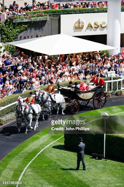 Queen Elizabeth II, Lady Helen Taylor, Timothy Taylor and Peter Phillips during the Royal Procession enter the Parade Ring on day 4 of Royal Ascot at...