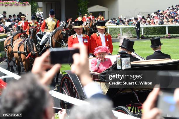 Queen Elizabeth II, Lady Helen Taylor, Timothy Taylor and Peter Phillips during the Royal Procession seen from the Parade Ring on day 4 of Royal...