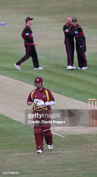 David Sales of Northants walks back to the pavilion after being LBW for nought during the Friends Life T20 match between Northamptonshire and Durham...