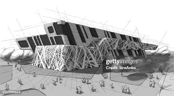 hand drawn black and white architecture - tree shadow white stock illustrations