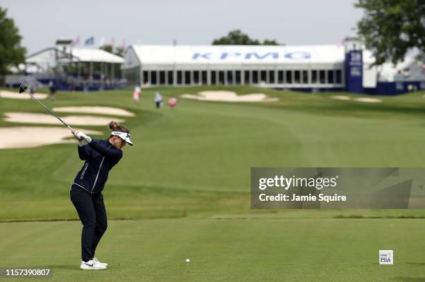 Hannah Green of Australia hits her first shot on the 9th hole during the second round of the KPMG Women's PGA Championship at Hazeltine National Golf...
