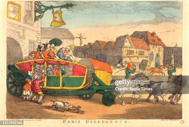 Thomas Rowlandson . Paris Diligence. Probably 1810. Hand colored etching.