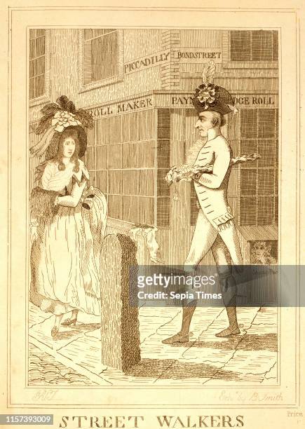 Street walkers. En sanguine engraving 1786. A well dressed man wearing large hat. Possibly George Hanger. Walking at the corner of Bond Street and...