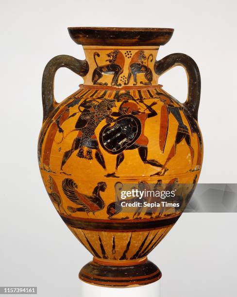 Black-Figure Neck Amphora. Unknown. Greece. Euboea. Europe. About 570 - 560 B.C. Terracotta. Object: H: 35.8 x Diam. : 23.8 cm . Object : Diam.: 15.5...