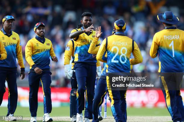 Isuru Udana of Sri Lanka celebrates taking the wicket of Jofra Archer of England during the Group Stage match of the ICC Cricket World Cup 2019...