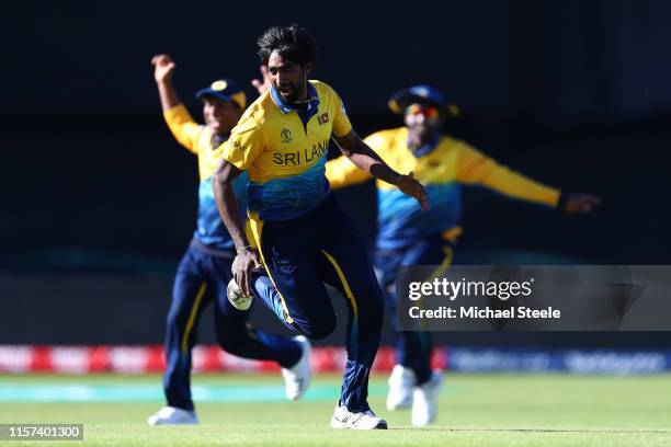 Nuwan Pradeep of Sri Lanka celebrates taking the wicket of Mark Wood of England during the Group Stage match of the ICC Cricket World Cup 2019...