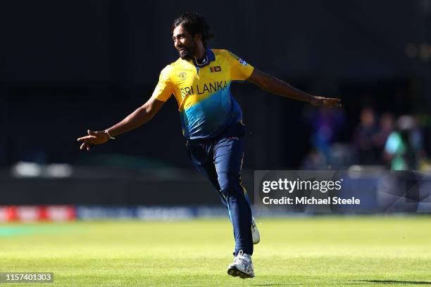 Nuwan Pradeep of Sri Lanka celebrates taking the wicket of Mark Wood of England during the Group Stage match of the ICC Cricket World Cup 2019...