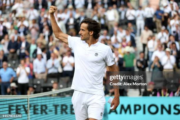 Feliciano Lopez of Spain celebrates victory during his Quarter-Final Singles Match against Milos Raonic of Canada during day Five of the Fever-Tree...