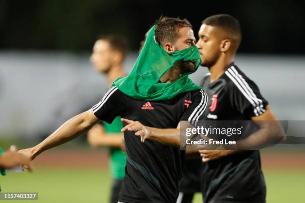 Juventus players in action during the Juventus official training at the Nanjing Olympic Center Stadium on July 23, 2019 in Nanjing, China..