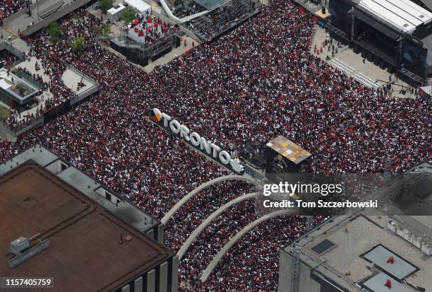 An aerial photo of fans as they gather at Nathan Phillips Square for the Toronto Raptors NBA Championship Victory Parade after defeating the Golden...