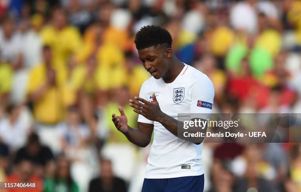 Demarai Gray of England reacts during the 2019 UEFA U-21 Group C match between England and Romania at Dino Manuzzi Stadium on June 21, 2019 in...