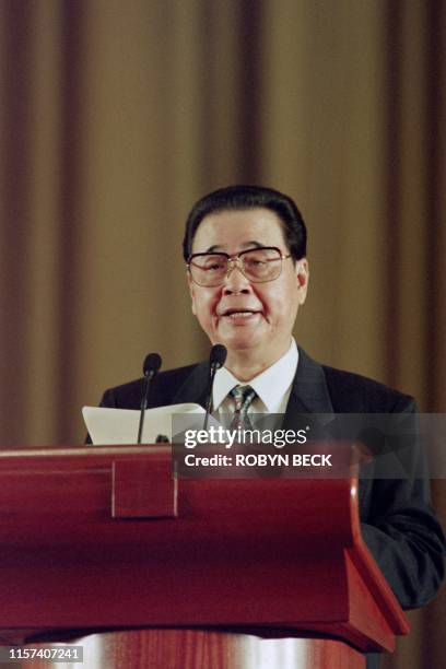 This photo taken on October 24, 1995 in Beijing shows Chinese Prime Minister Li Peng adressing a formal reception marking the 50th anniversary of the...