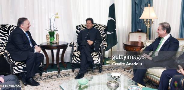 Secretary of State Mike Pompeo , Pakistan Prime Minister Imran Khan and Foreign Minister Shah Mehmood Qureshi are seen during a meeting at Pakistan...