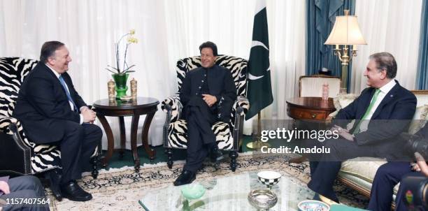 Secretary of State Mike Pompeo , Pakistan Prime Minister Imran Khan and Foreign Minister Shah Mehmood Qureshi are seen during a meeting at Pakistan...