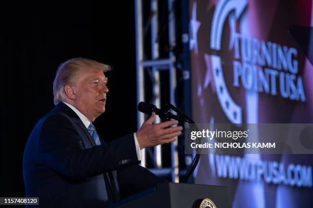 President Donald Trump addresses the Turning Point USAs Teen Student Action Summit 2019 in Washington, DC, on July 23, 2019.