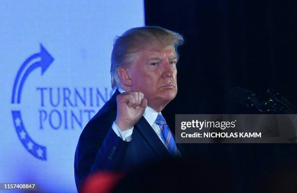 President Donald Trump gestures during the Turning Point USAs Teen Student Action Summit 2019 in Washington, DC, on July 23, 2019.