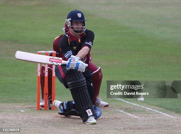 Philip Mustard of Durham sweeps the ball for four during the Friends Life T20 match between Northamptonshire and Durham at Wantage Road on June 9,...