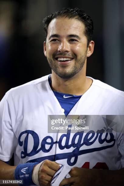 Andre Ethier of the Los Angeles Dodgers laughs during the game against the New York Mets at Dodger Stadium on Friday, August 22, 2014 in Los Angeles,...