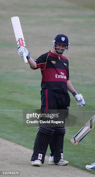 Philip Mustard of Durham celebrates his fifty during the Friends Life T20 match between Northamptonshire and Durham at Wantage Road on June 9, 2011...