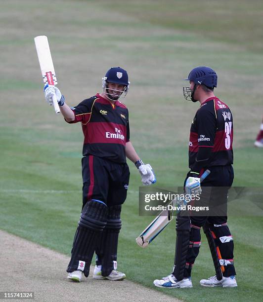 Philip Mustard of Durham celebrates his fifty during the Friends Life T20 match between Northamptonshire and Durham at Wantage Road on June 9, 2011...