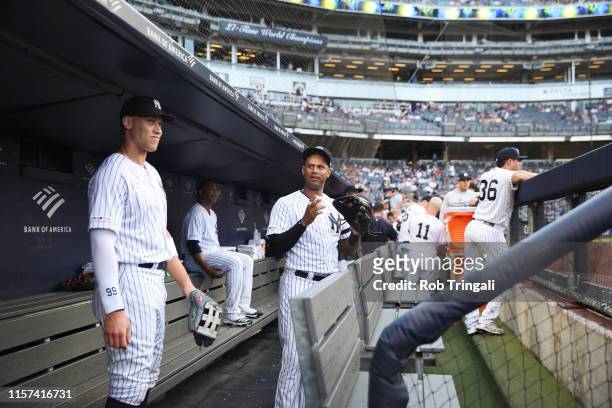 New York Yankees Aaron Hicks and Aaron Judge in dugout before game vs Toronto Blue Jays at Yankee Stadium. Bronx, NY 7/12/2019 CREDIT: Rob Tringali