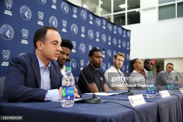 President of Basketball Operations, Gersson Rosas, of the Minnesota Timberwolves speaks during the introductory press conference on July 23, 2019 at...