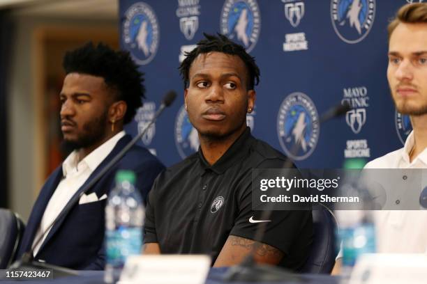 Treveon Graham of the Minnesota Timberwolves looks on during the introductory press conference on July 23, 2019 at the Minnesota Timberwolves and...