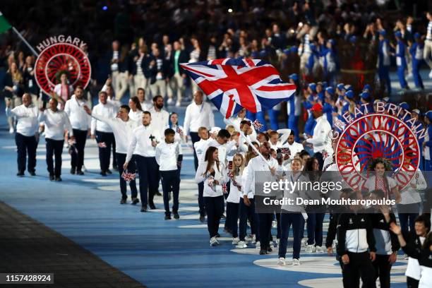 General view as Great Broitain led by Sally Conway enter the stadium at the Opening Ceremony during the 2nd European Games in the Dinamo National...