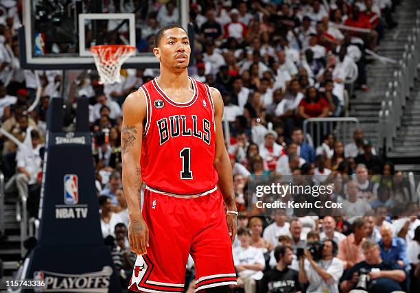 Derrick Rose of the Chicago Bulls against the Atlanta Hawks in Game Six of the Eastern Conference Semifinals in the 2011 NBA Playoffs at Phillips...