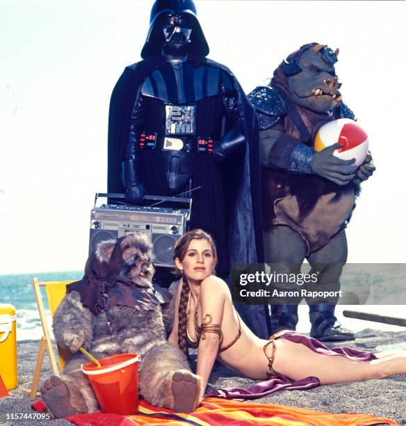 Actress Carrie Fisher poses on the beach for Star Wars in October 1983 At Stinson Beach, California.