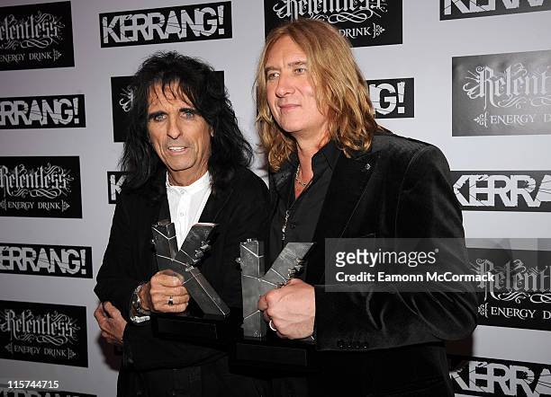 Alice Cooper with his Icon award and Joe Elliott from Def Leppard with their Inspiration award during The Relentless Energy Drink Kerrang! Awards at...