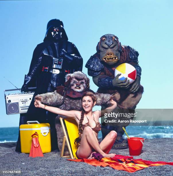 Actress Carrie Fisher poses on the beach for Star Wars in October 1983 At Stinson Beach, California.