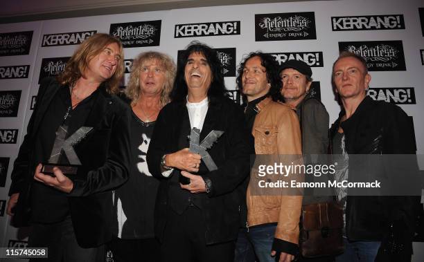 Alice Cooper with his Icon award and Def Leppard with their Inspiration award during The Relentless Energy Drink Kerrang! Awards at The Brewery on...