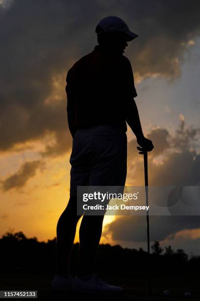 Texas player warms up on the practice tee before the Division I Men's Golf Match Play Championship held at the Blessings Golf Club on May 29, 2019 in...
