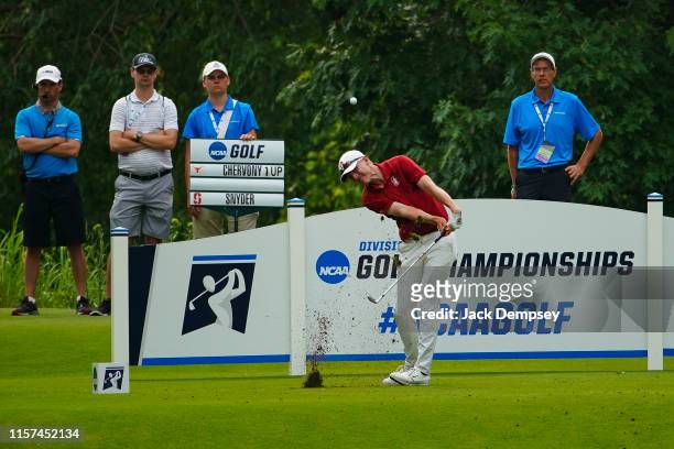 David Snyder of Stanford tees off on the eighth hole during the Division I Men's Golf Match Play Championship held at the Blessings Golf Club on May...