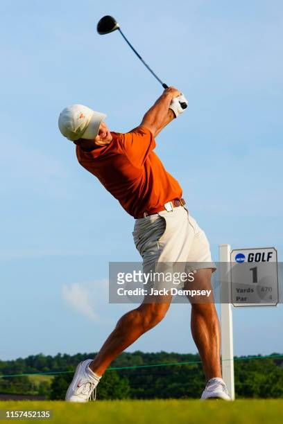 Pierceson Coody of Texas tees off the first hole during the Division I Men's Golf Match Play Championship held at the Blessings Golf Club on May 29,...
