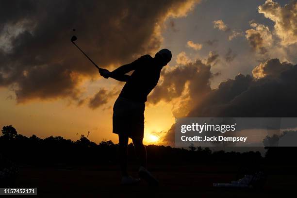 Texas player warms up on the practice tee before the Division I Men's Golf Match Play Championship held at the Blessings Golf Club on May 29, 2019 in...