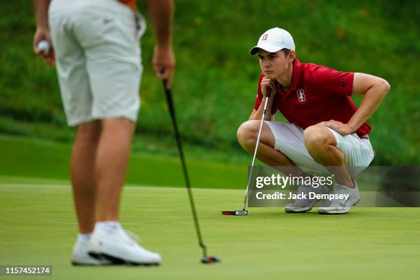 Henry Shimp of Stanford analyzes the green during the Division I Men's Golf Match Play Championship held at the Blessings Golf Club on May 29, 2019...