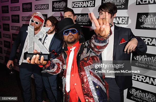 Benji Webb and Skindred with their Devotion award during The Relentless Energy Drink Kerrang! Awards at The Brewery on June 9, 2011 in London,...