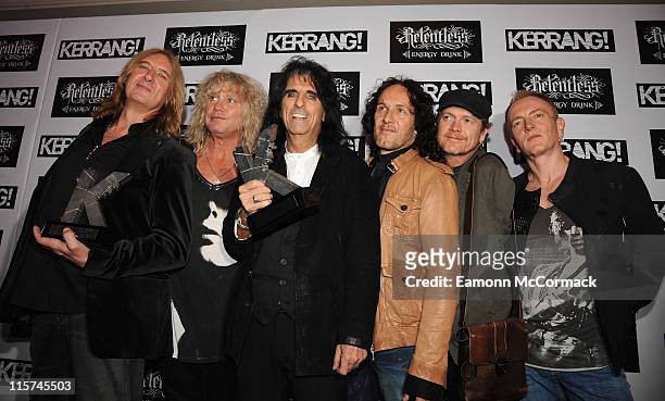 Alice Cooper with his Icon award and Def Leppard with their Inspiration award during The Relentless Energy Drink Kerrang! Awards at The Brewery on...
