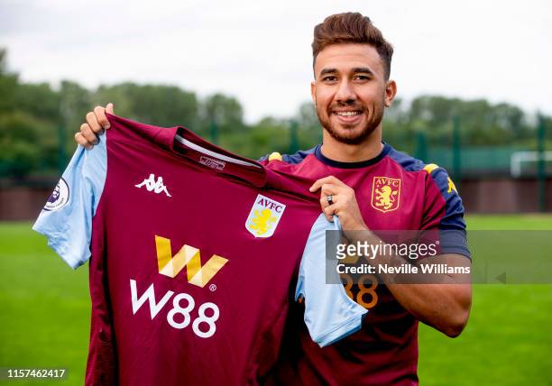 New signing Mahmoud Trezeguet of Aston Villa poses for a picture at the club's training ground at Bodymoor Heath on July 21, 2019 in Birmingham,...