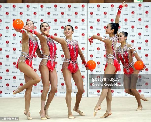 Members of Japan women's rhythmic gymnastics team, known as Fairy Japan, practice in Tokyo on July 24 exactly a year before the opening of the Tokyo...