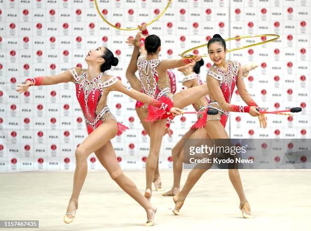 Members of Japan women's rhythmic gymnastics team, known as Fairy Japan, practice in Tokyo on July 24 exactly a year before the opening of the Tokyo...