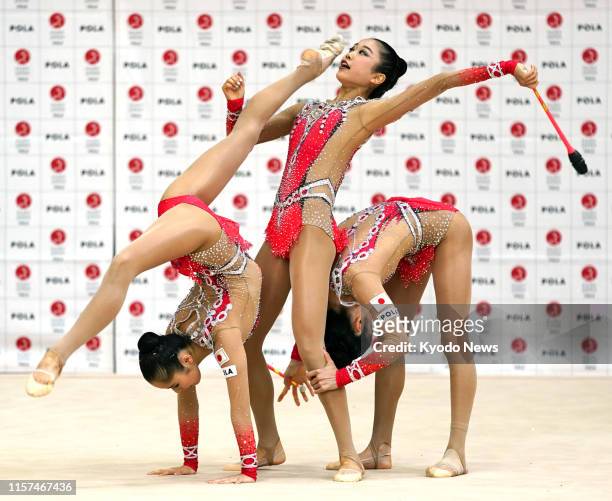 Members of Japan women's rhythmic gymnastics team, known as Fairy Japan, practice in Tokyo on July 24 exactly a year before the opening of the Tokyo...