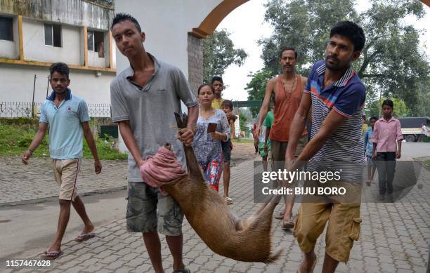 In this photo taken on July 18 villagers carry a deer after rescuing it from floodwaters in the flood affected area of Kaziranga National Park in the...