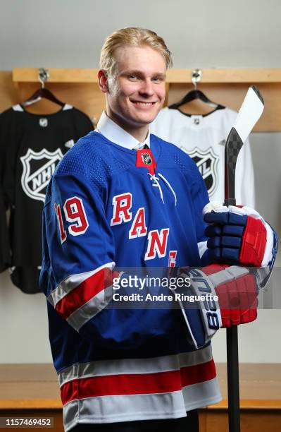 Kaapo Kakko, second overall pick by the New York Rangers, poses for a portrait during the first round of the 2019 NHL Draft at Rogers Arena on June...